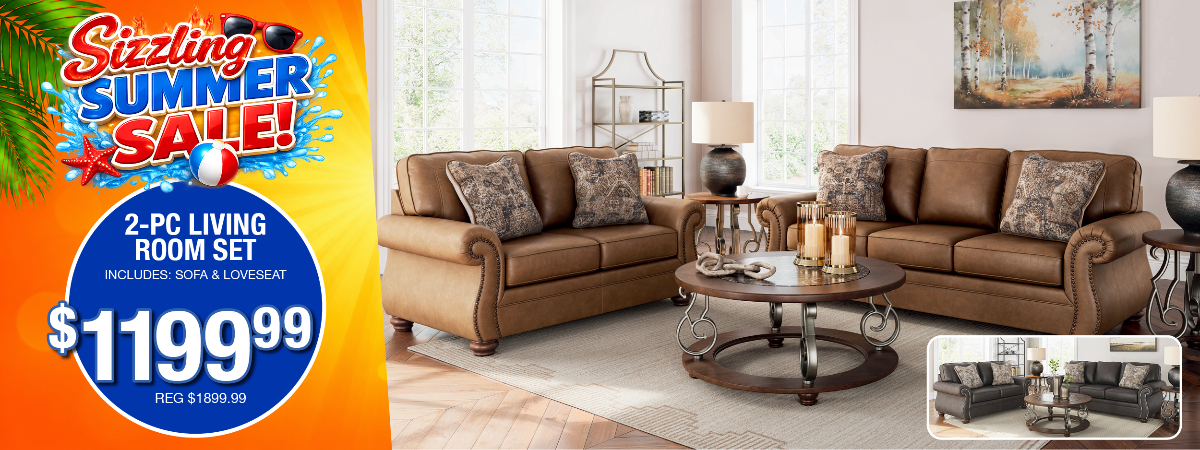 Living room set with brown sofas and coffee table, promotional banner for 2-piece living room set sale.