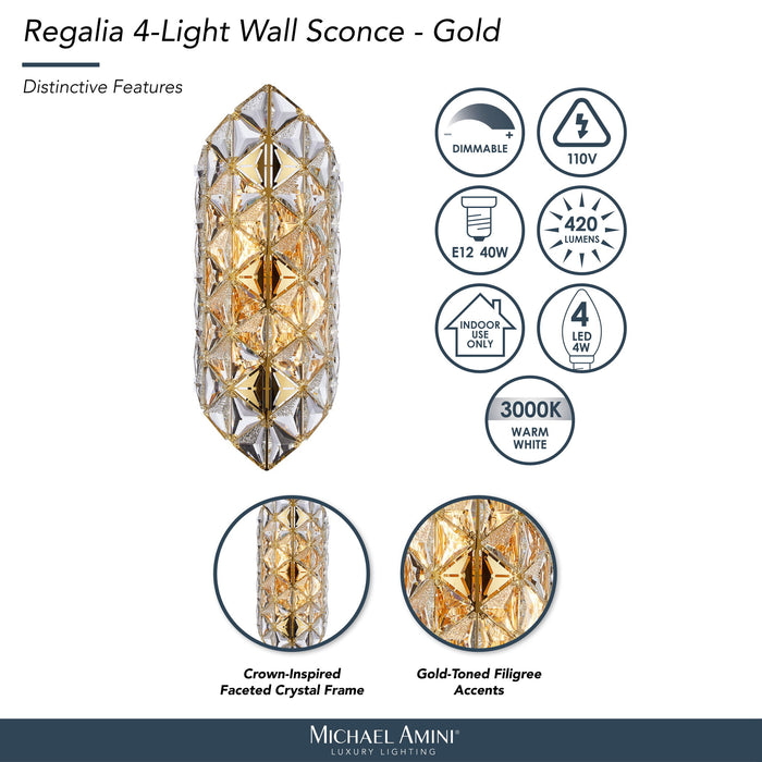 Michael Amini Lighting - Regalia 4-Light Crystal Wall Sconce - Gold