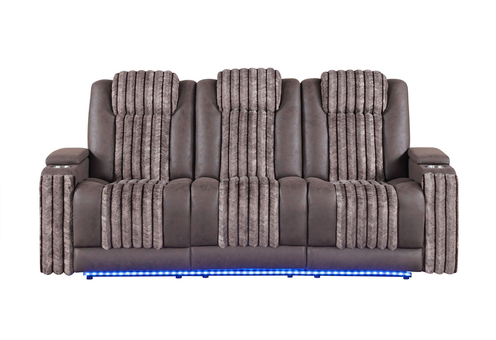 U8000 - Power Reclining Sofa With Power Headrest, Dropdown Table With Wood Trim & Reading Light & LED Light - Brown