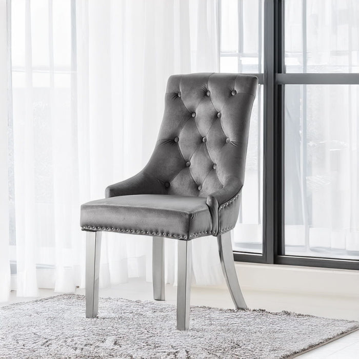 Satinka - Side Chair Set of 2) - Gray Fabric & Mirrored Silver