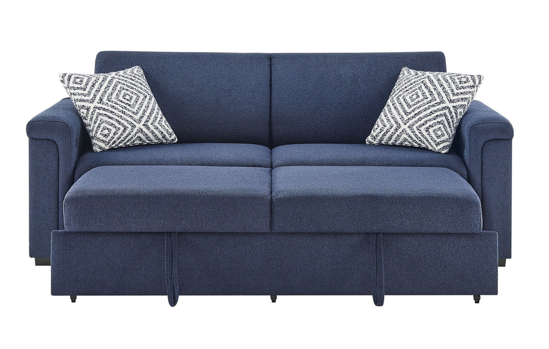 U0211 - Pull Out Sofa Bed With Wooden Bookcase Arm With LED Acrylic Shelves And Speakers - Navy