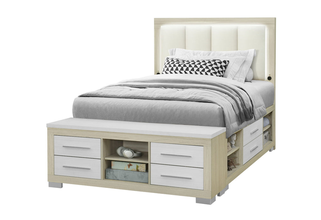 Emma - Full Bed With LED And USB - Light Brown / White