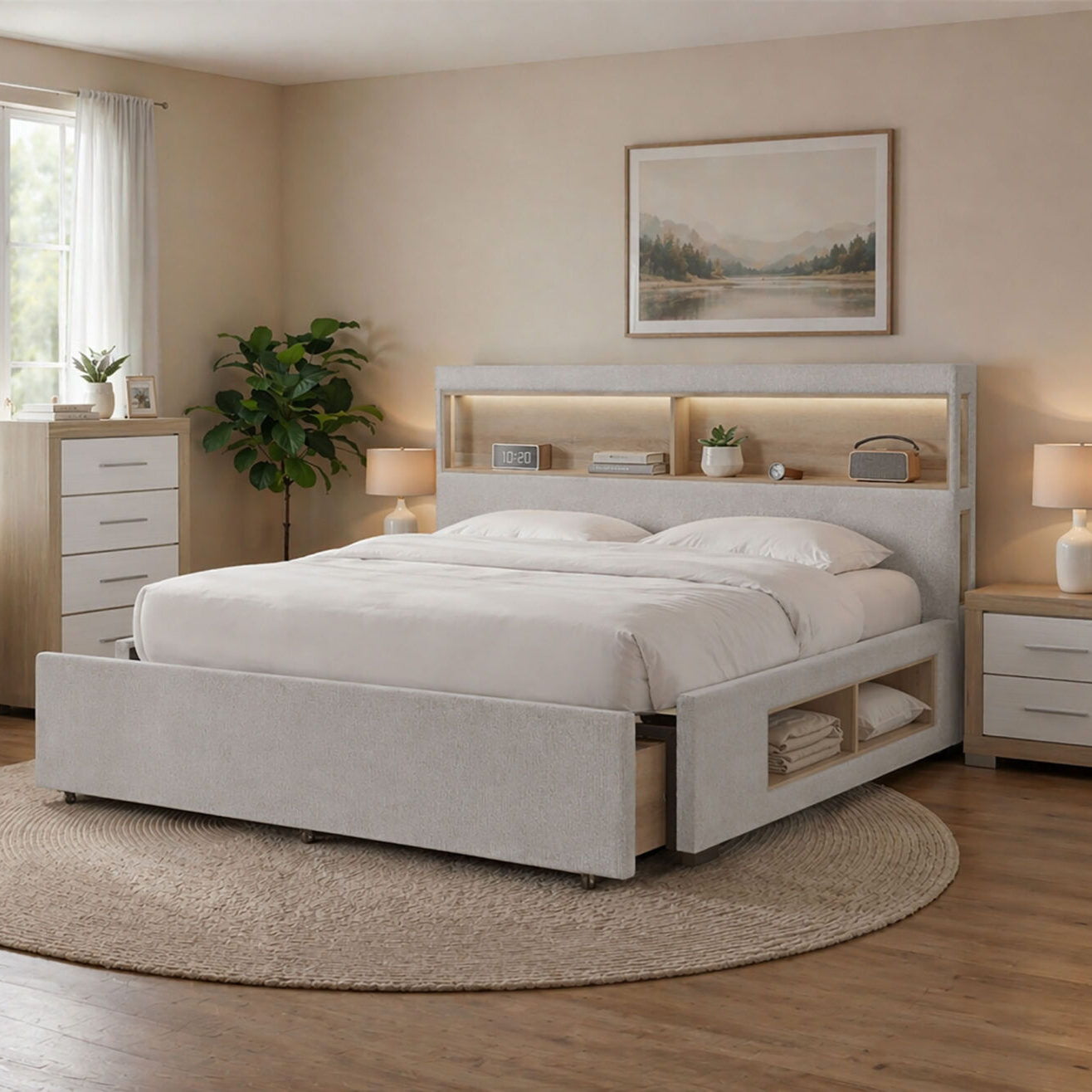 Neatly arranged bedroom with a bed, dressers, and decor.