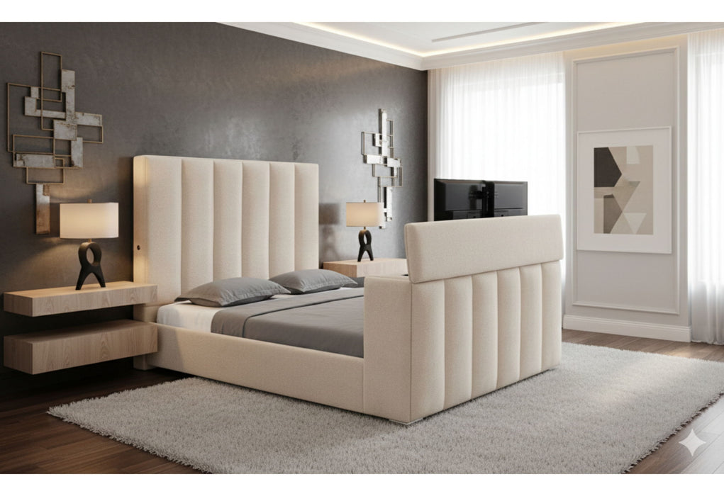 Serenity - King Bed With Speaker, TV Lift And Fireplace - Cream