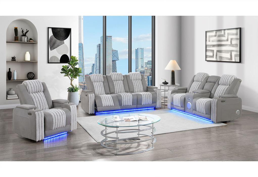 U8000 - 3 Piece Living Room Set (Power Console Reclining Loveseat With Power Headrest LED & Bluetooth Speaker, Power Reclining Sofa With Power Headrest DDT, Table Reading Light & LED/ Power Recliner With Power Headrest LED) - Gray