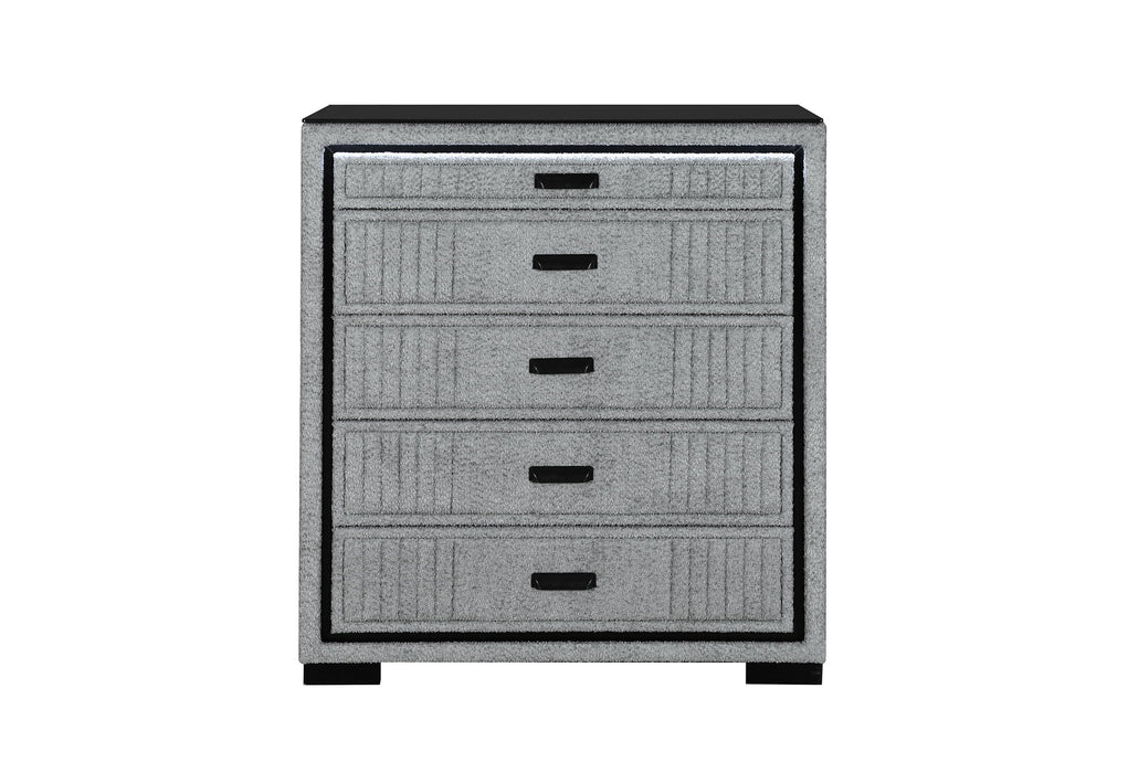 Isabella - 5 Piece King Bedroom Set (King Bed Group With LED, TV Lift, Bluetooth Speaker And Firpeplace Crystal) - Gray