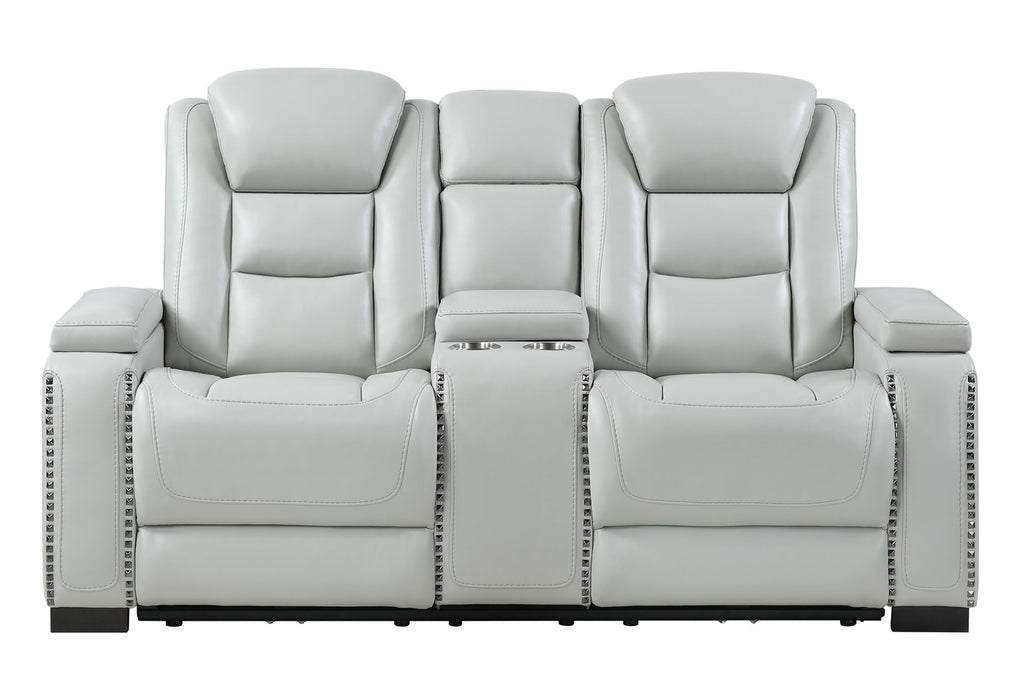 U8609 - Power Console Reclining Loveseat With Power Headrest, USB, Outlet, LED And Bookshelf Arm - Gray