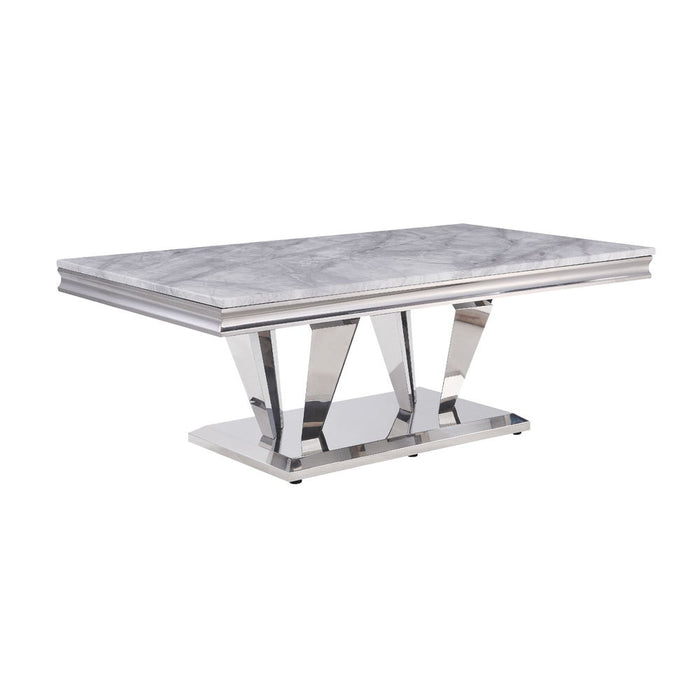 Satinka - Coffee Table - Light Gray Printed Faux Marble Top & Mirrored Silver