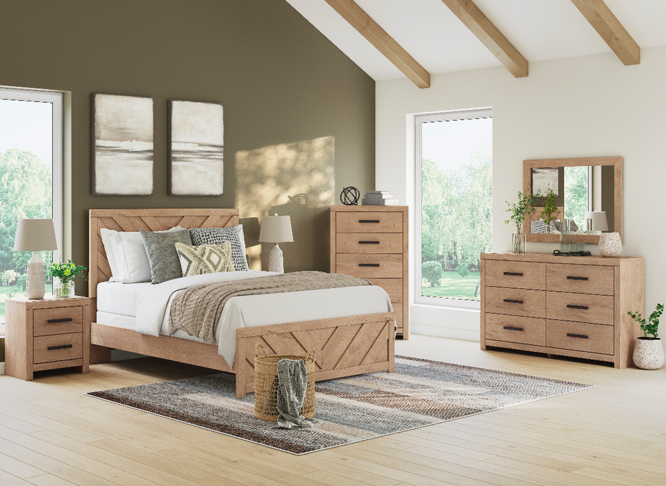 Sanginlane Queen Panel Bed with Mirrored Dresser