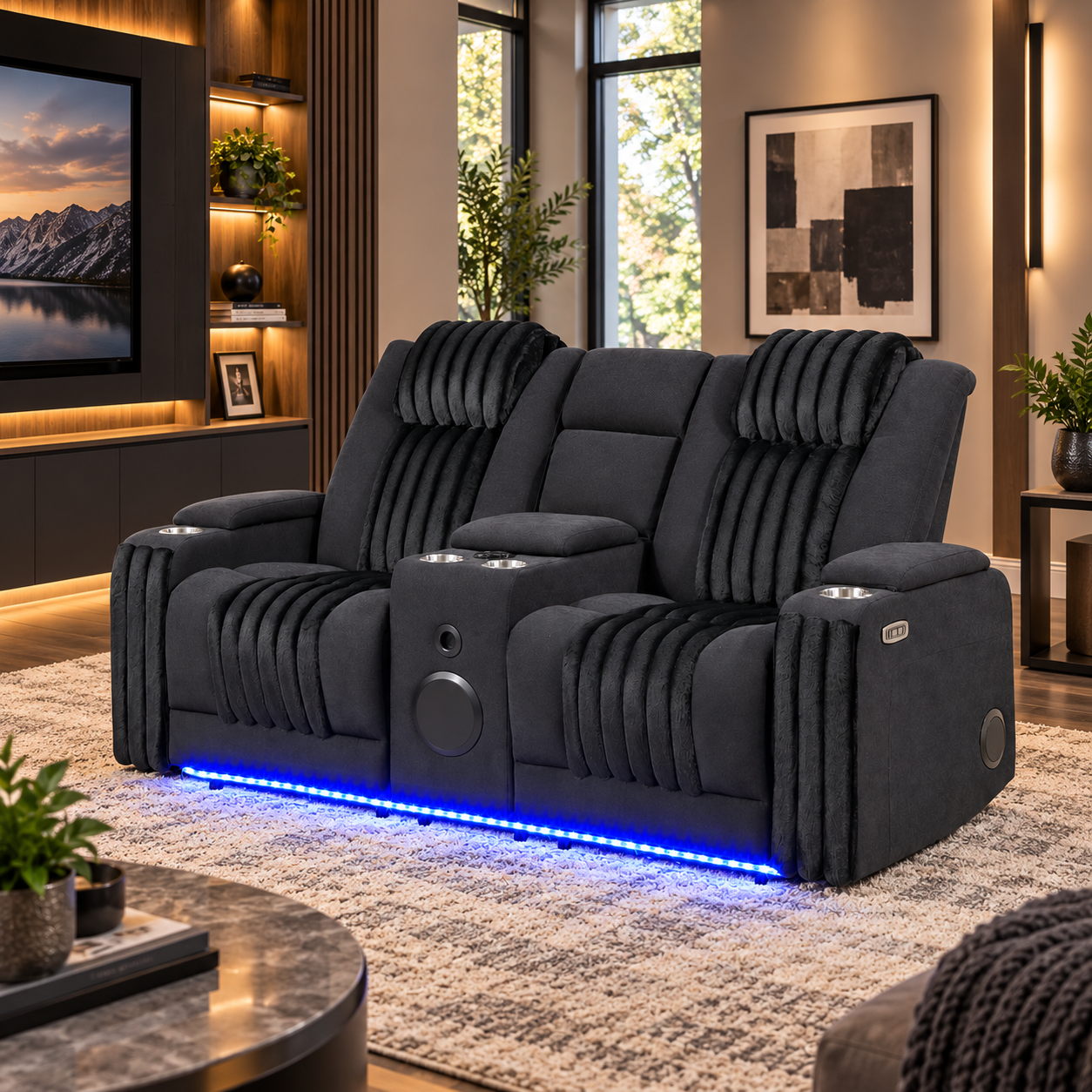 The U8000 Black Console Reclining Loveseat features built in dual power recliners, LED lighting, and Bluetooth speaker to deliver immersive sound for your favorite music or movie.