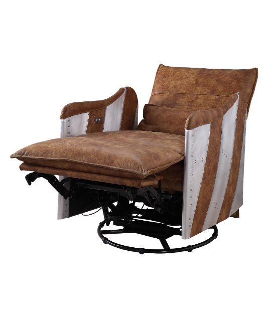 Qalurne - Power Motion Recliner With Swivel - Two Tone Mocha Top Grain Leather & Aluminum