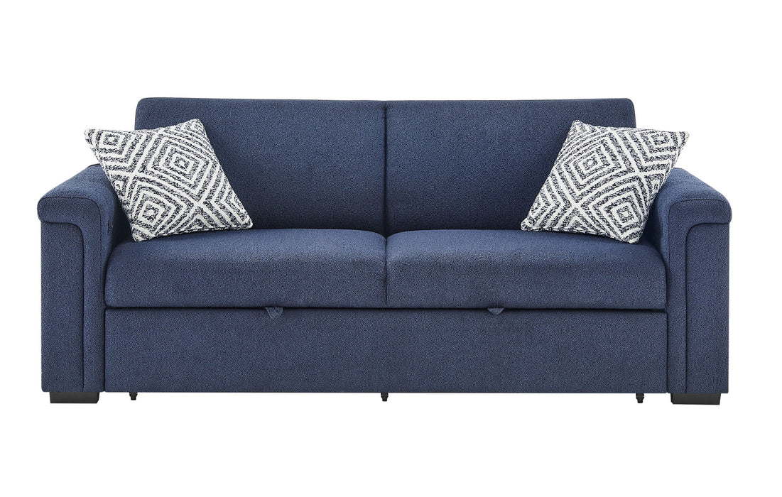 U0211 - Pull Out Sofa Bed With Wooden Bookcase Arm With LED Acrylic Shelves And Speakers - Navy
