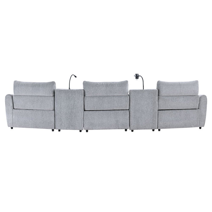 Fullar - Modular Console With Speaker & Cup Holder - Light Gary Chenille