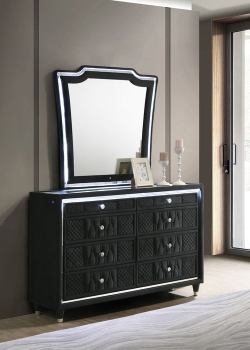 black led dresser Shoralli 6 Drawer with and Rectangular Mirror drawer dresser featuring integrated LED lighting for a sleek and modern touch Cressida Black LED Dresser Top