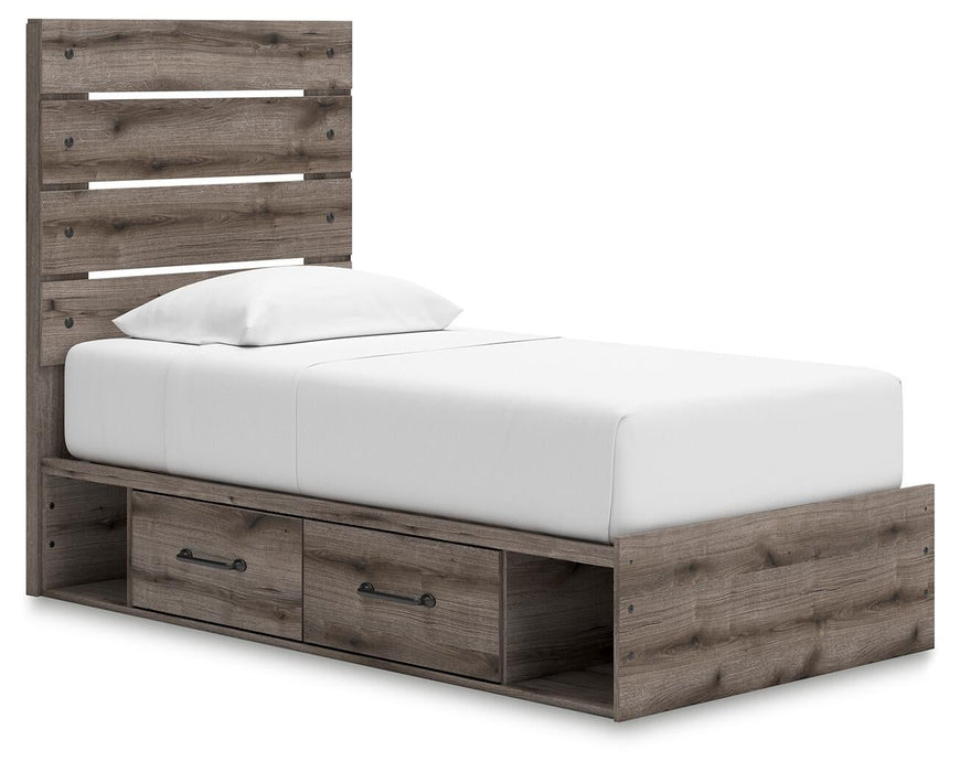 Graystorm Twin Panel Bed with Storage, Dresser, Mirror and Nightstand