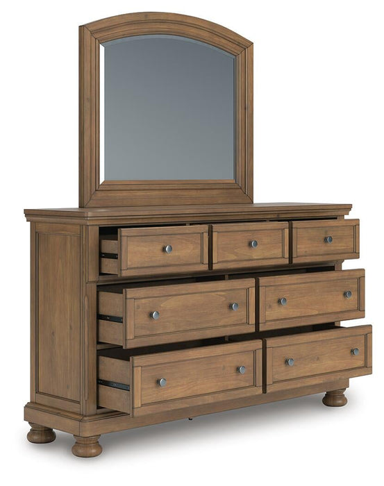 Feddinger California King Panel Bed with Mirrored Dresser and Nightstand