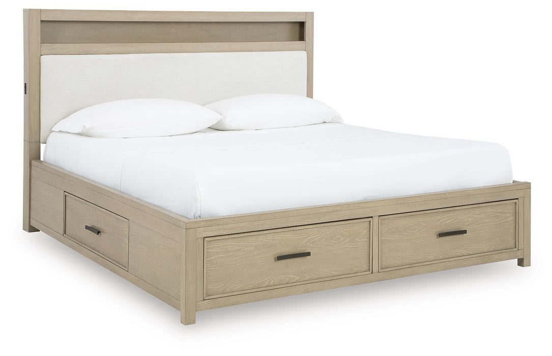 Calmoro King Bookcase Bed with Mirrored Dresser and Nightstand