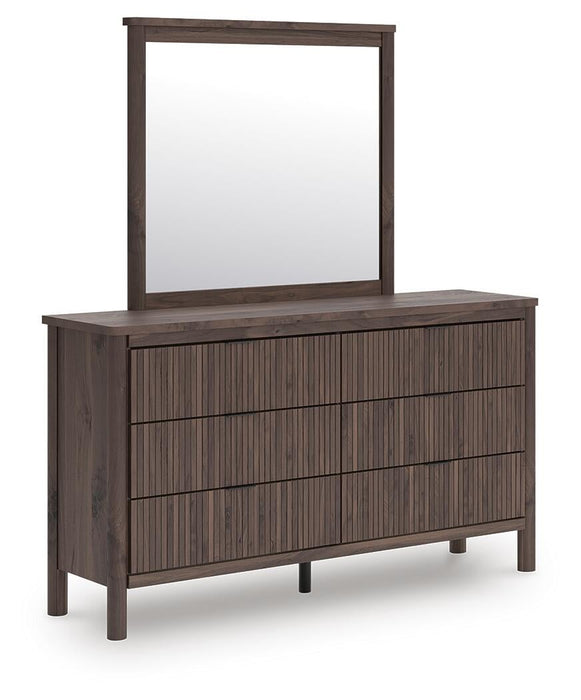 Pamytta Twin Upholstered Panel Platform Bed, Dresser, Mirror and Nightstand