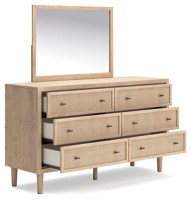 Cielden California King Upholstered Bed with Roll Slats, Dresser, Mirror and Nightstand