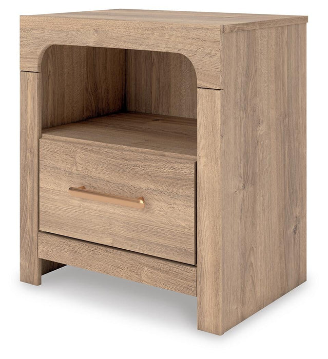 Kinlanni King Upholstered Platform Bed, Dresser, Mirror and Nightstand