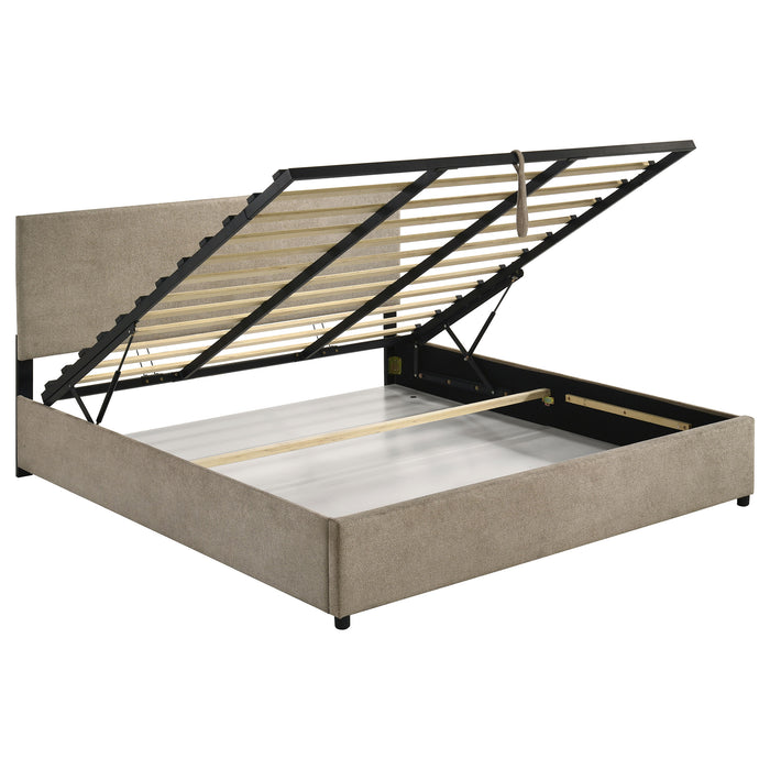 Reeves Upholstered Eastern King Lift-Top Storage Platform Bed Tan