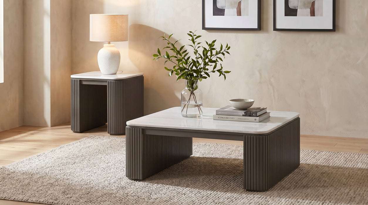 Lior 2-Piece Square Marble Top Coffee and End Table Set Charcoal